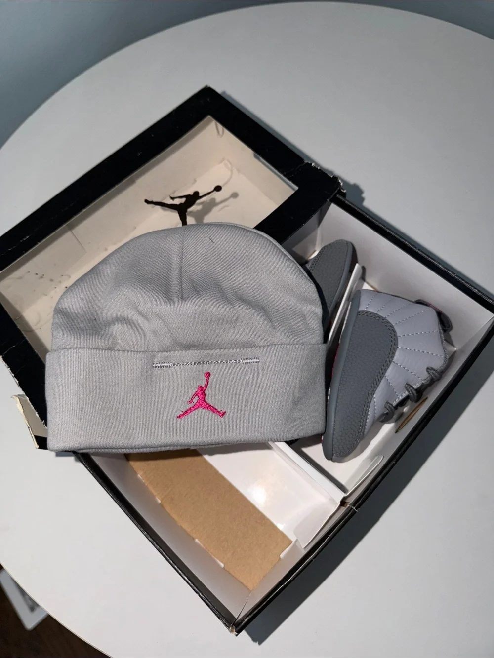 Jordan 12 Retro Gift Pack infant 2c - wolf grey/vivid pink with matching hat